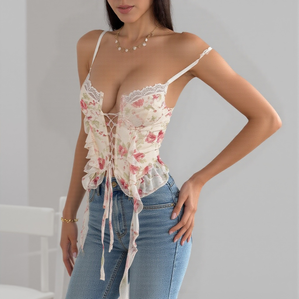 Qinelle Floral Lace Corset Bustier Top in Cream