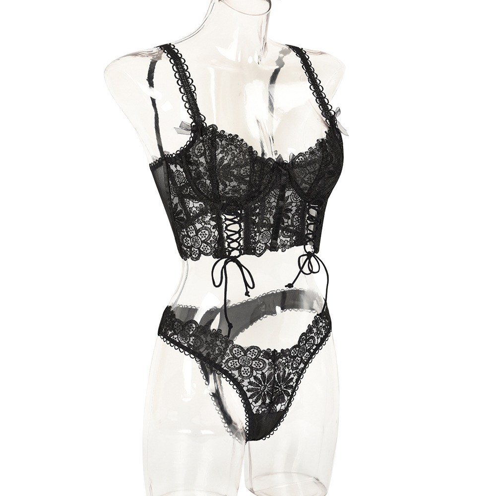 Qinelle Black Lace Corset Garter Lingerie Set