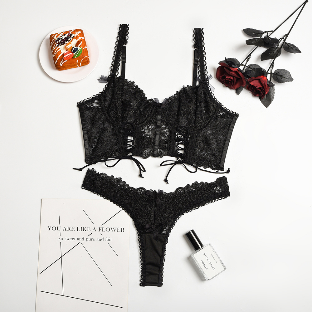 Qinelle Black Lace Corset Garter Lingerie Set