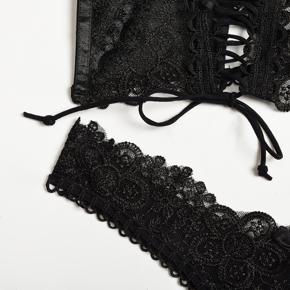Qinelle Black Lace Corset Garter Lingerie Set