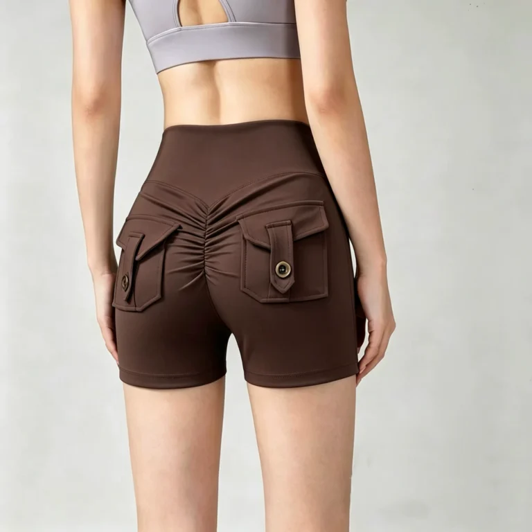 Qinelle brown pocket butt-lifting shaper shorts with high waist and back pocket detail