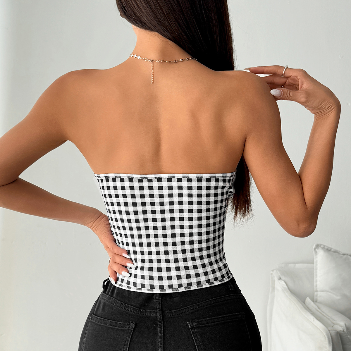 Qinelle Strapless Corset Bustier Top with Check Pattern