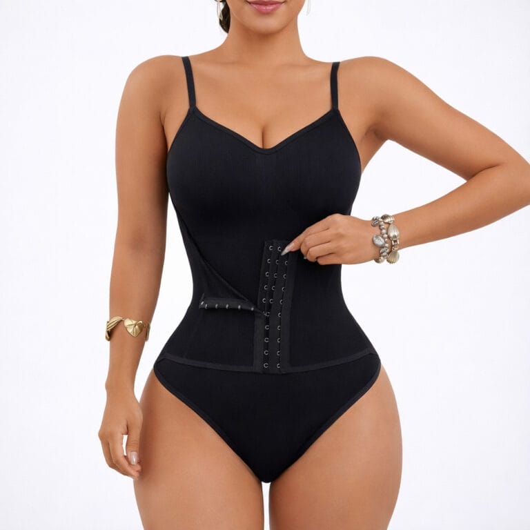 Black waist-cincher thong bodysuit with hook panel open
