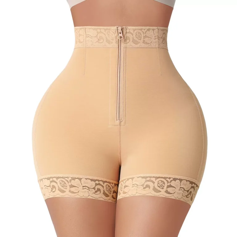 Beige high-waist front-zip tummy control shaper shorts with lace leg trim