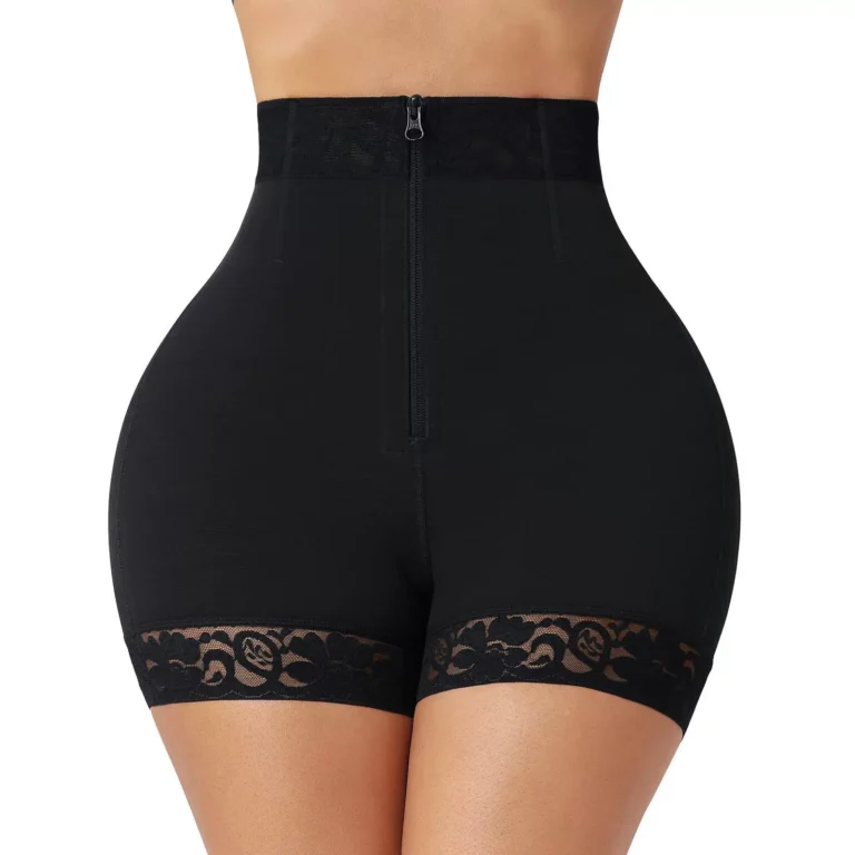 Black high-waist front-zip tummy control shaper shorts with lace leg trim