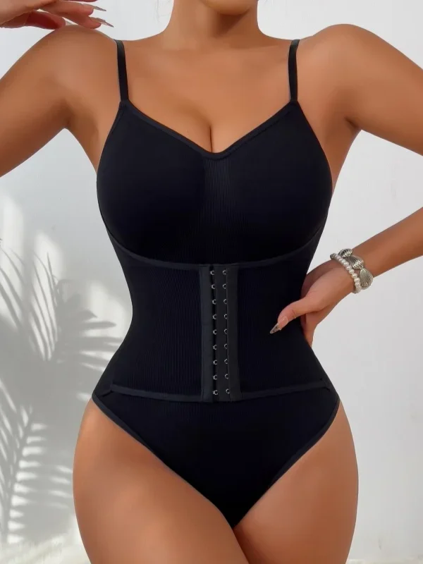 Black hook-closure waist-cincher thong bodysuit front view