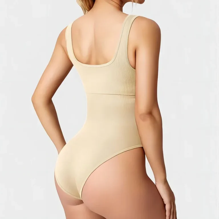 Beige ribbed scoop-neck high-cut bodysuit
