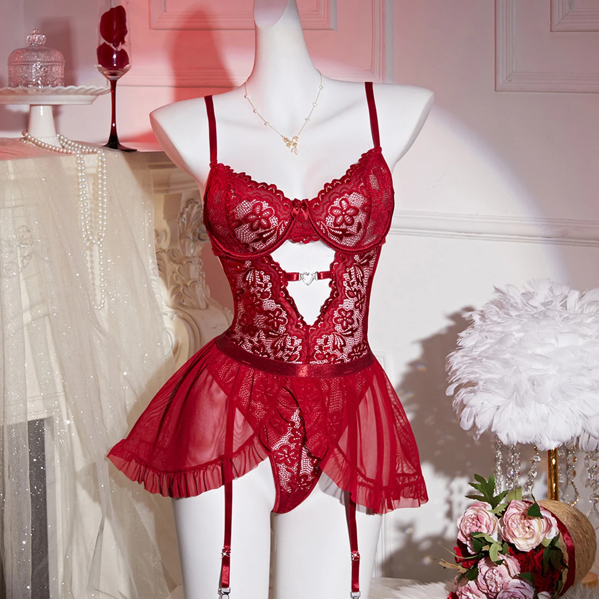 Qinelle Red Lace Corset Garter Lingerie Set
