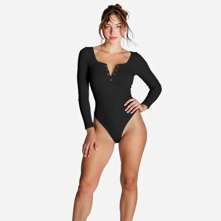 Black ribbed snap-front bodysuit, model view
