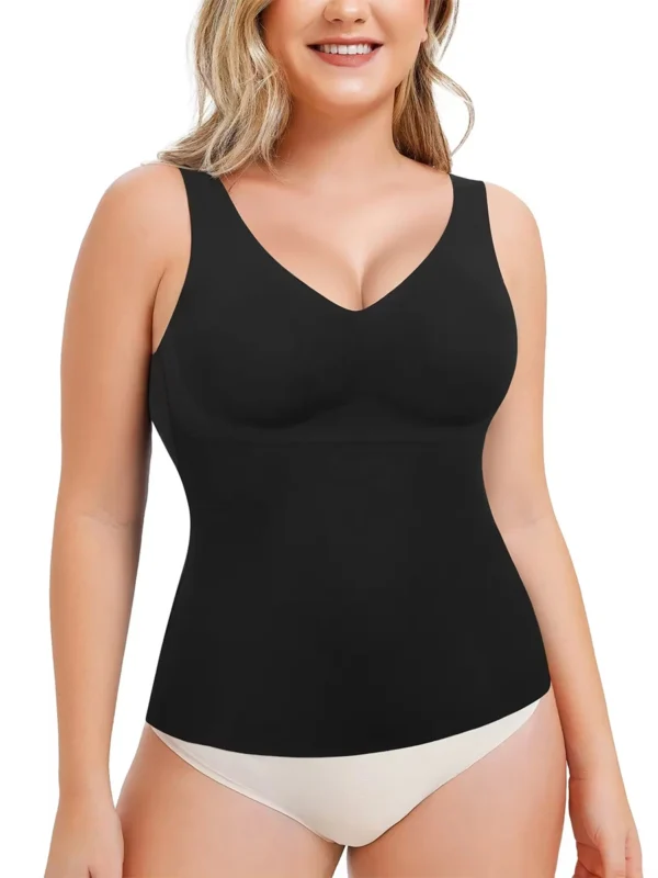 Black high-stretch V-neck shaping tank top front view