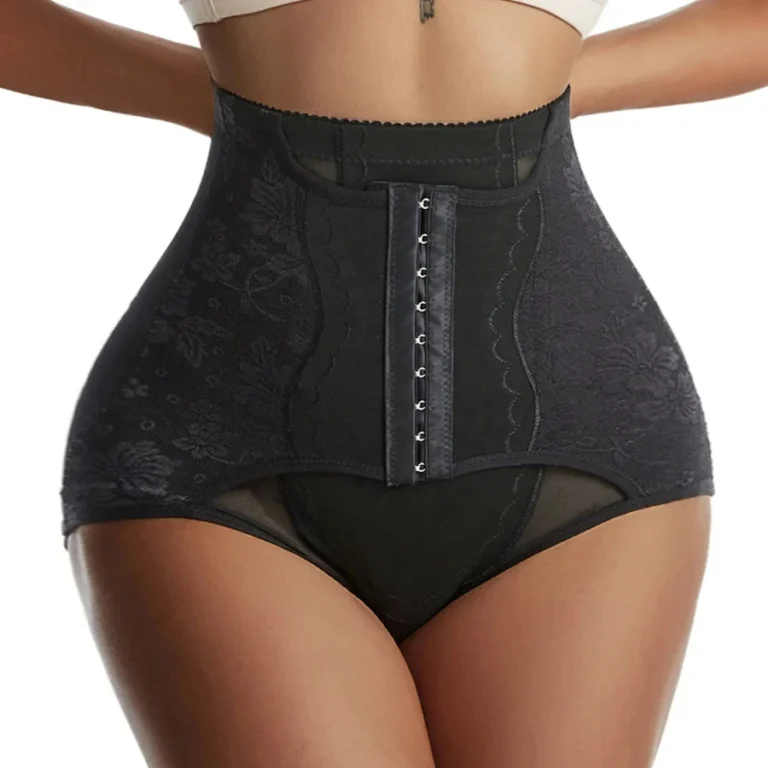 Black high-waist wraparound front-hook shaping brief front view