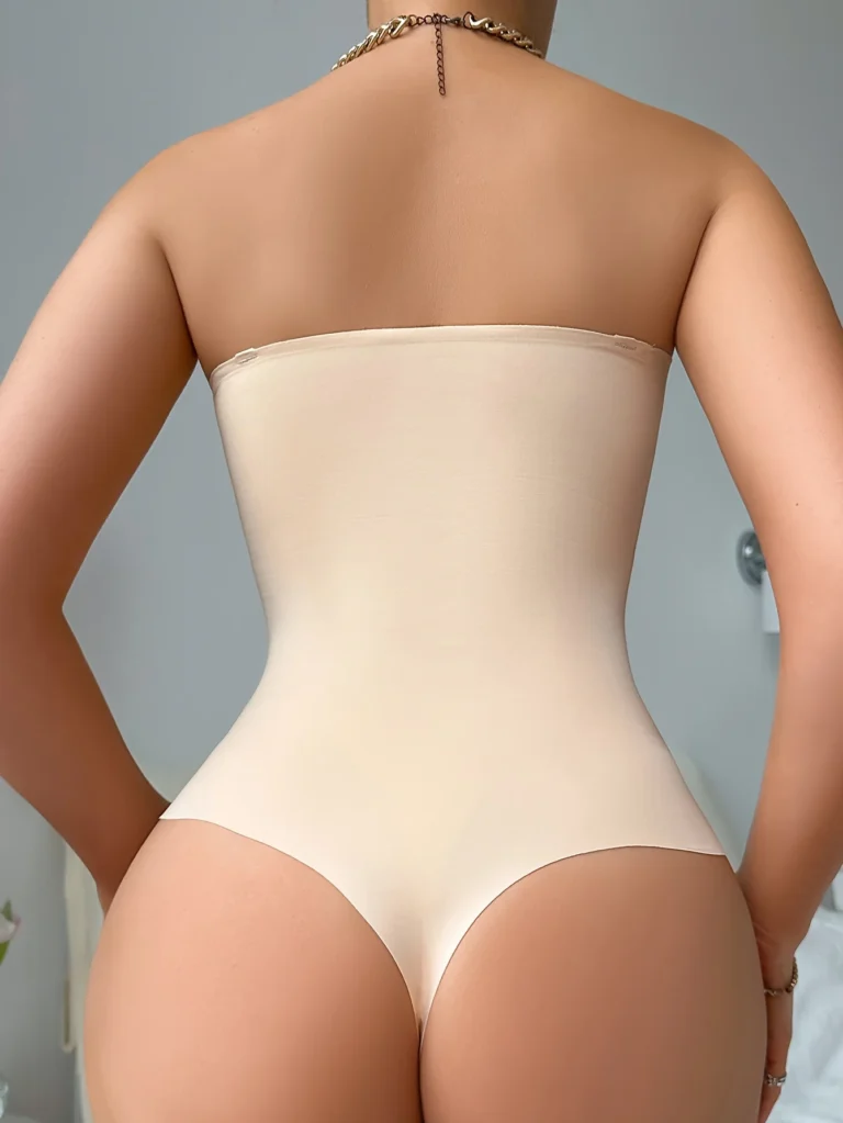 Strapless molded-cup brief shaping bodysuit rear view