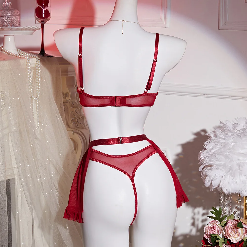 Qinelle Red Lace Corset Garter Lingerie Set