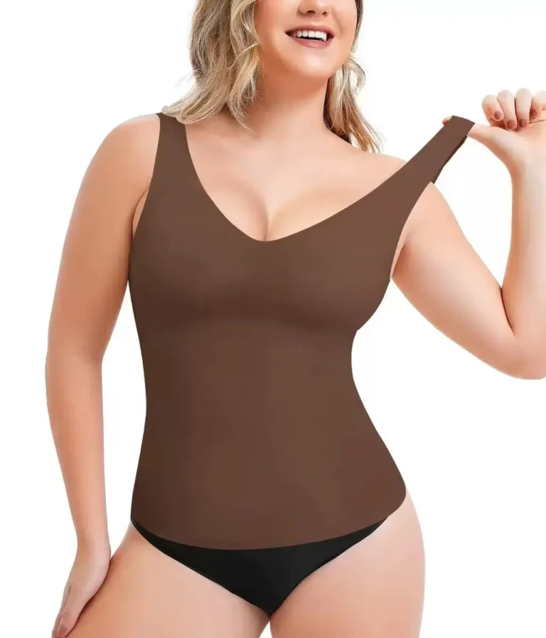 Brown high-stretch shaping tank top fabric stretch demonstration