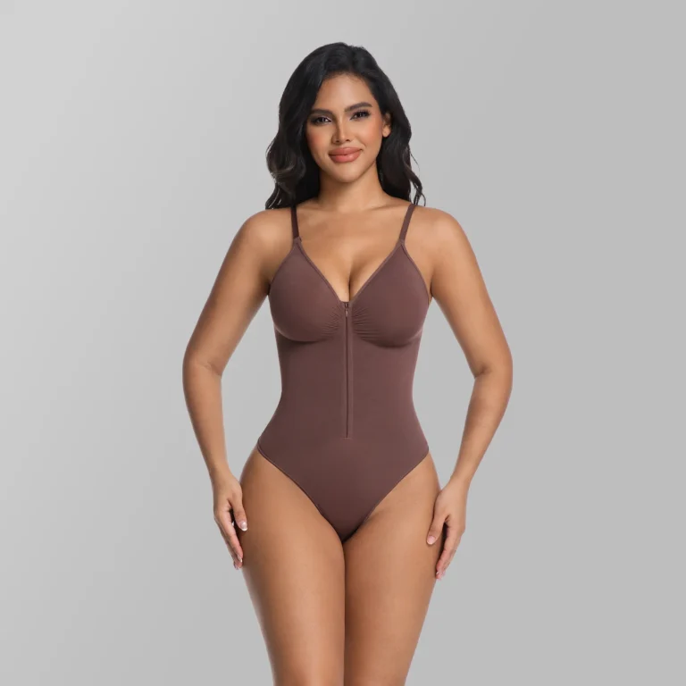 Model wearing the Brown adjustable-strap zip-front thong shaping bodysuit