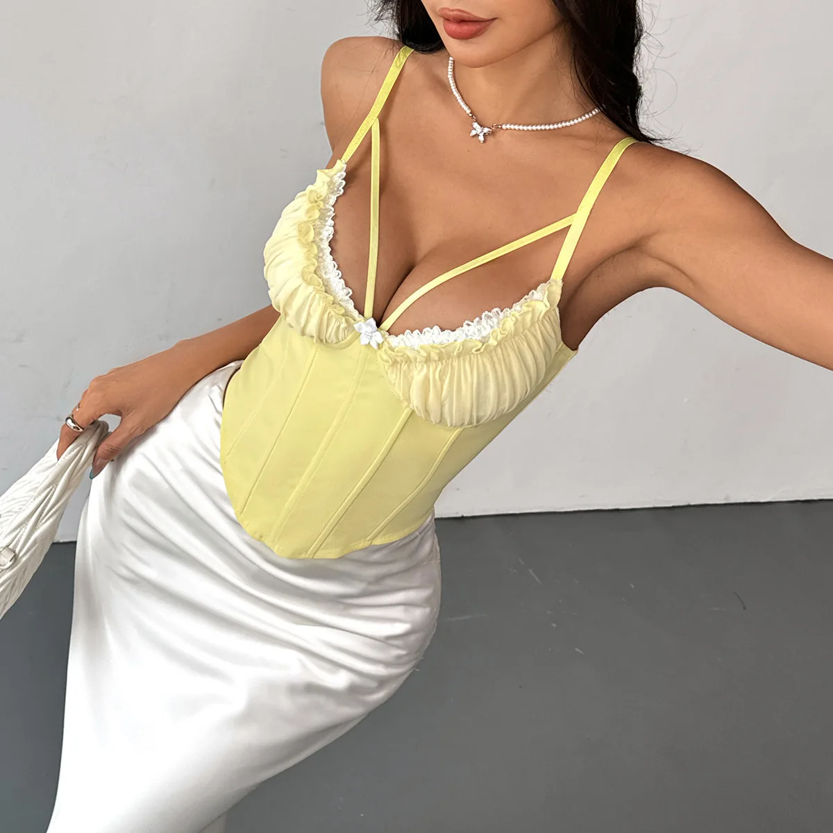 Qinelle Lace-Trim Satin Corset Cami Top in Blue