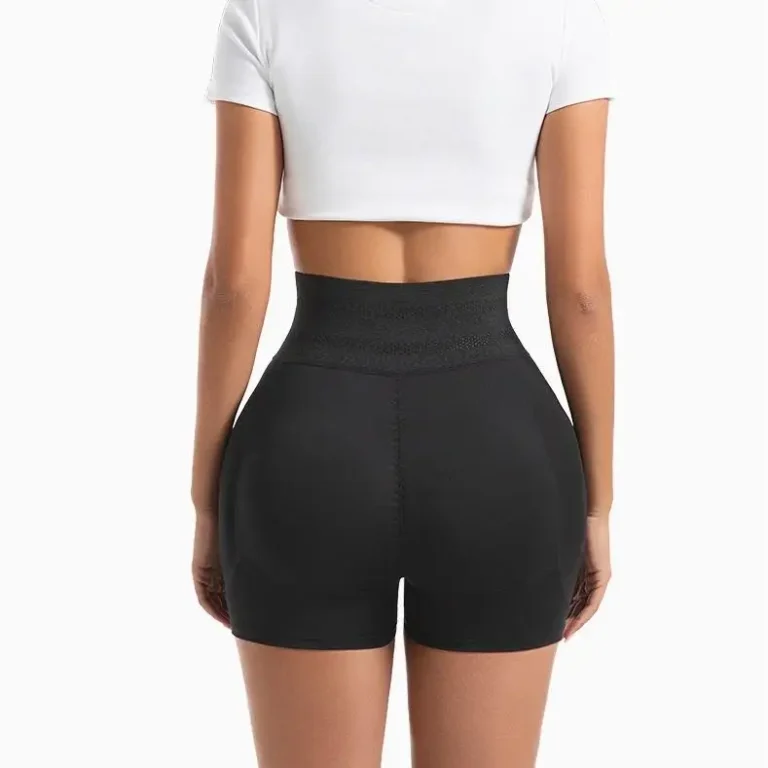 Qinelle black high-waist cutout shaper shorts, back view
