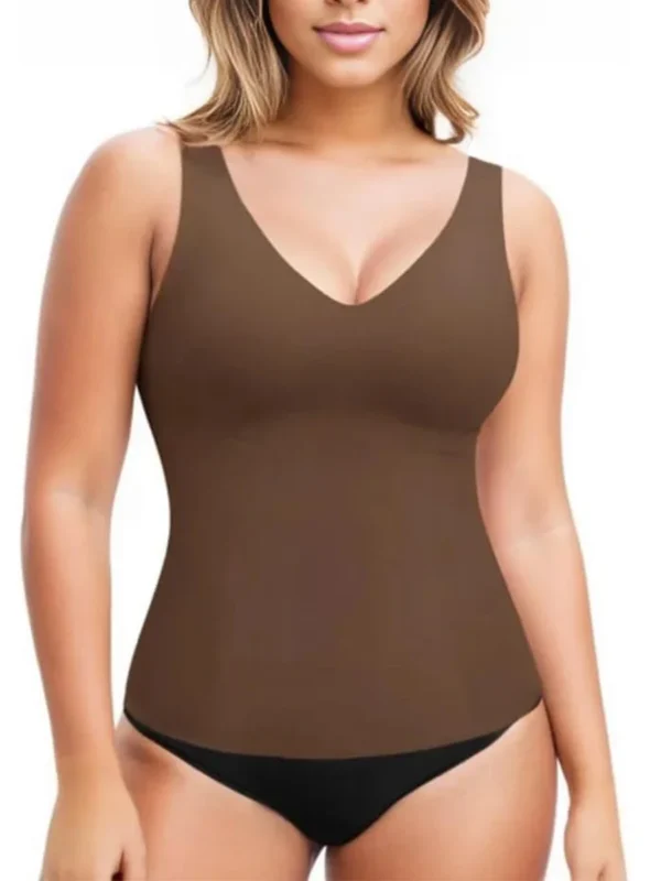 Seamless V-Neck Spaghetti-Strap Thong Bodysuit – Brown