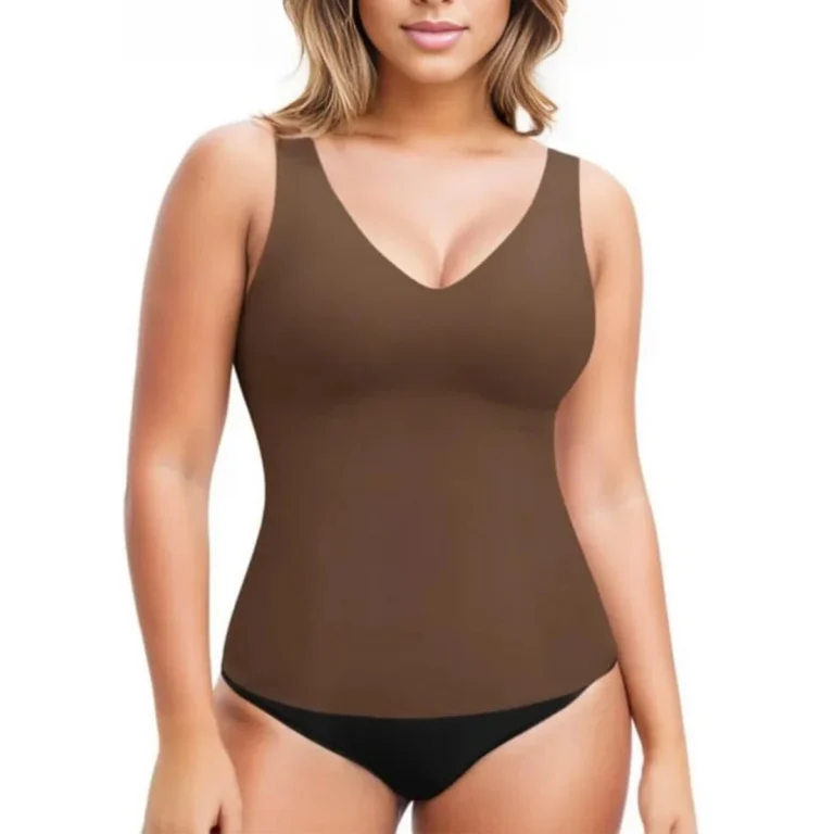 Brown high-stretch V-neck shaping tank top front view