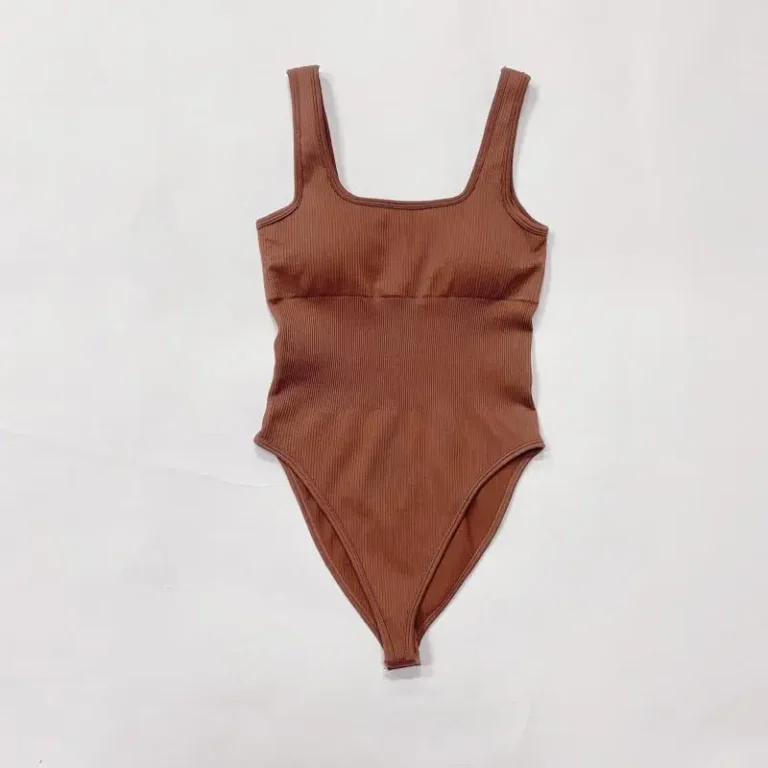 Coffee ribbed scoop-neck high-cut bodysuit