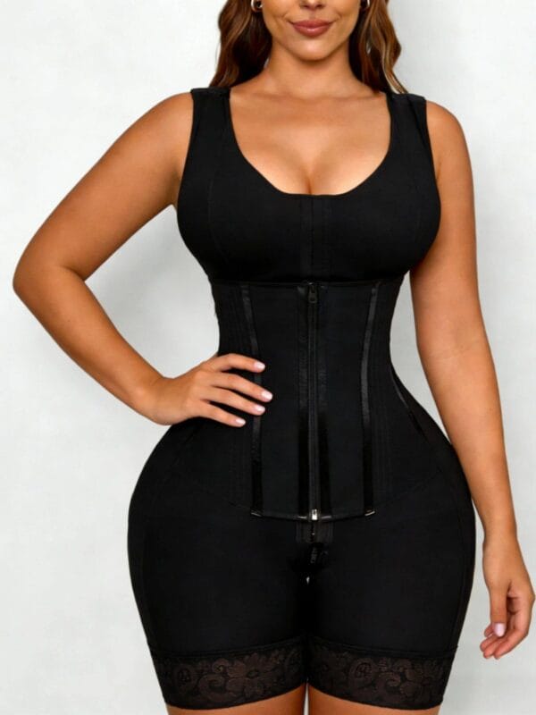 Qinelle black open-bust mid-thigh compression bodysuit front view