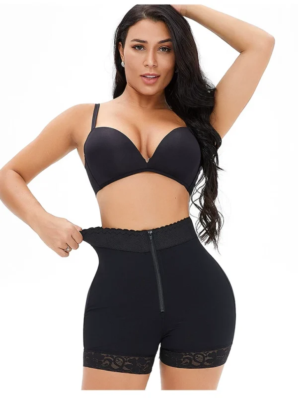 Qinelle black high-waist front-zip tummy control shaper shorts with lace trim and butt-lifting contour