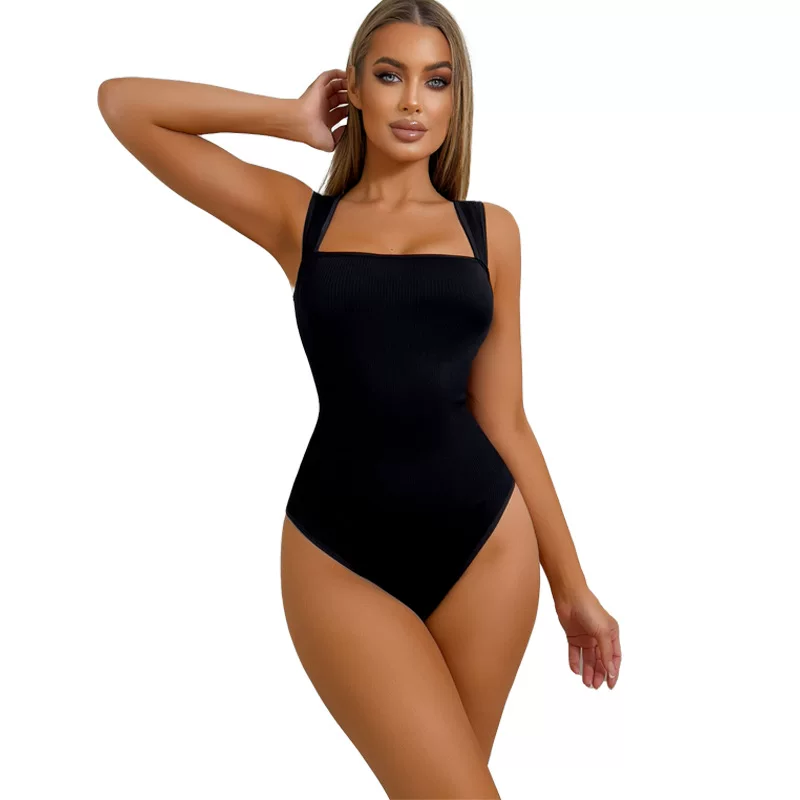 Black square-neck ribbed bodysuit, angled front view