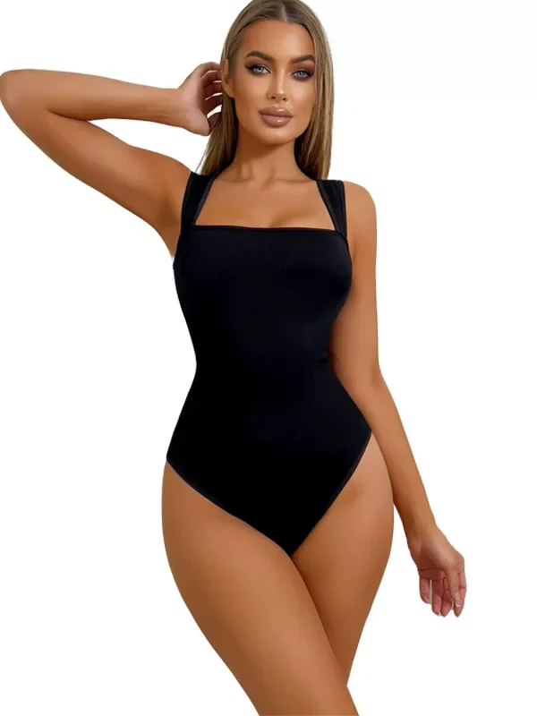 Black square-neck ribbed shaping bodysuit, front view