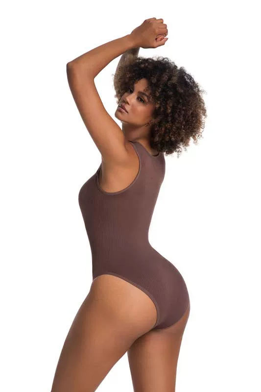 Brown square-neck ribbed bodysuit, back view