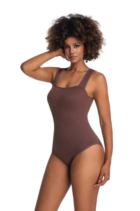 Brown square-neck ribbed shaping bodysuit, front view