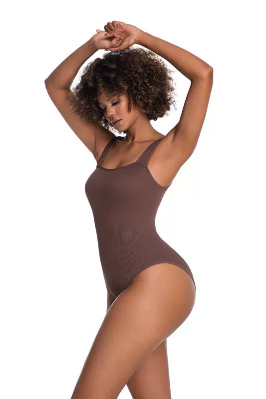 Brown square-neck ribbed bodysuit, side view