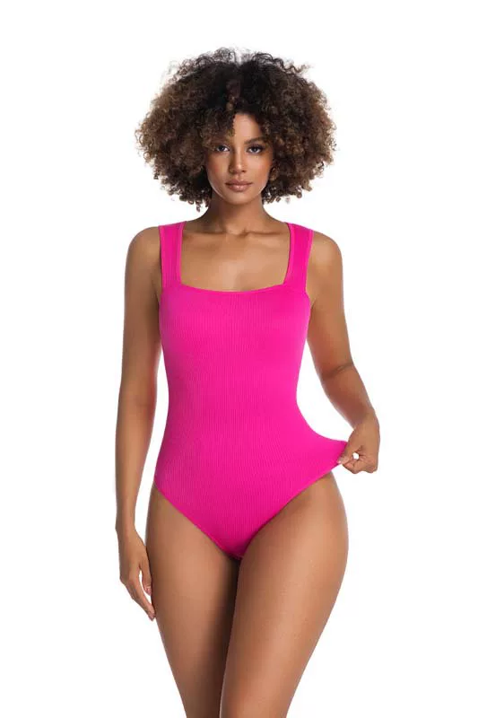 Hot Pink square-neck ribbed bodysuit color view