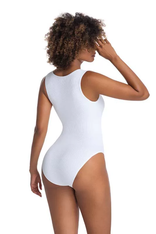White square-neck ribbed bodysuit, back view
