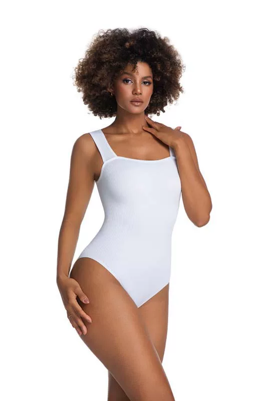 White square-neck ribbed shaping bodysuit, front view