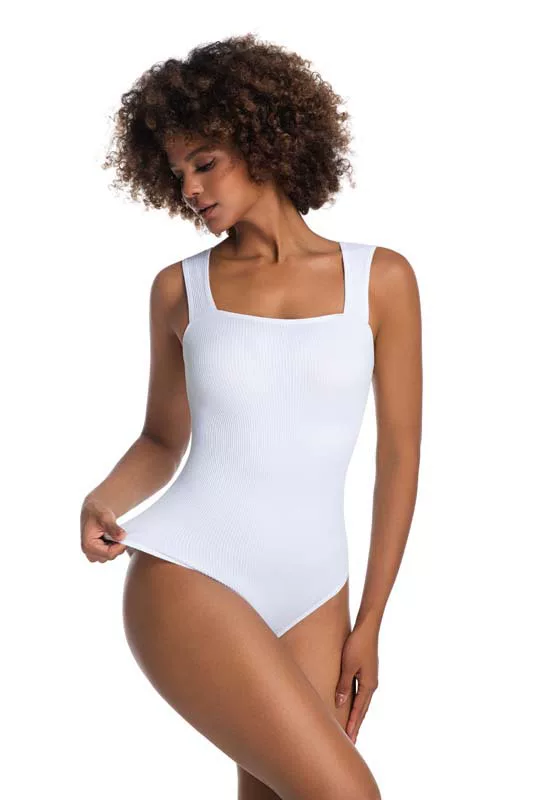 White ribbed bodysuit showing flexible stretch at the torso