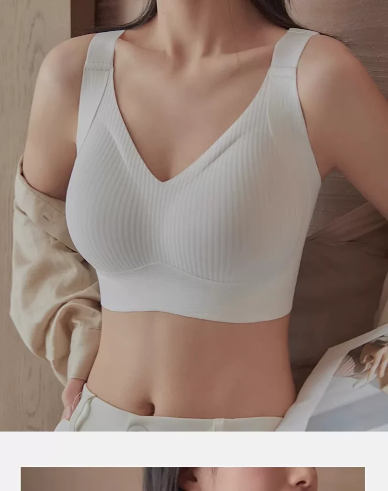 White wireless bra showing wide straps and V neckline