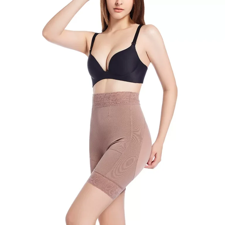 Red-Purple high-waist lace-trim shaping shorts in Long mid-thigh length, side view; bra not included