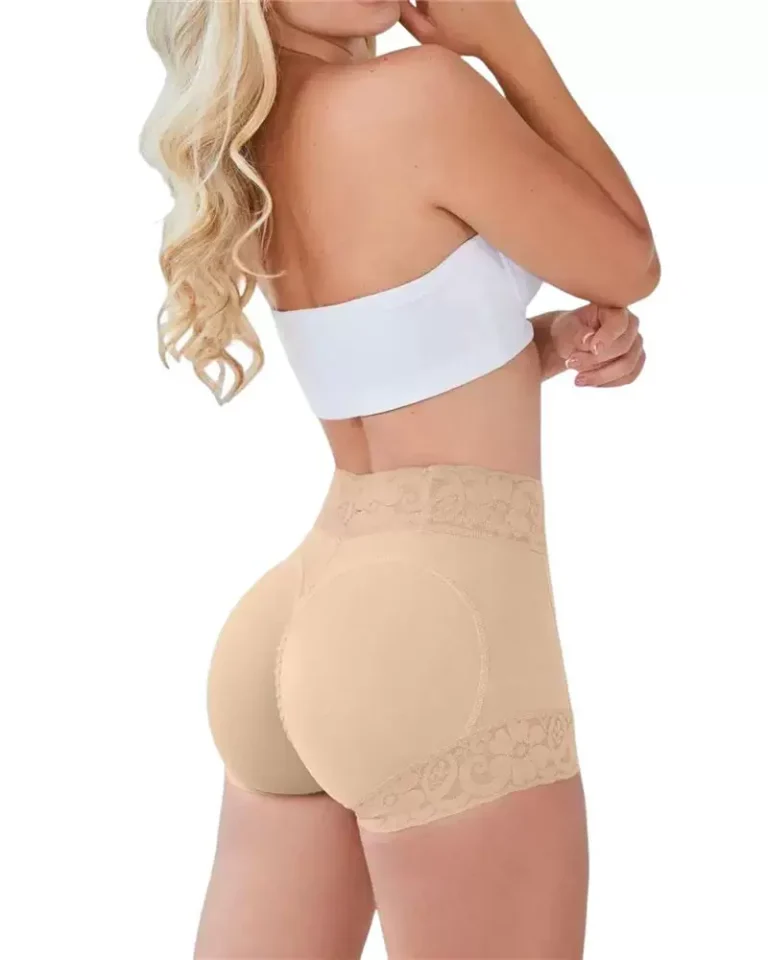 Apricot high-waist lace-trim shaping shorts in Short length, back view; bra not included