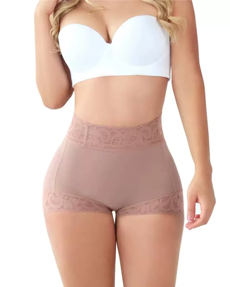 Red-Purple high-waist lace-trim shaping shorts in Short length, front view; bra not included