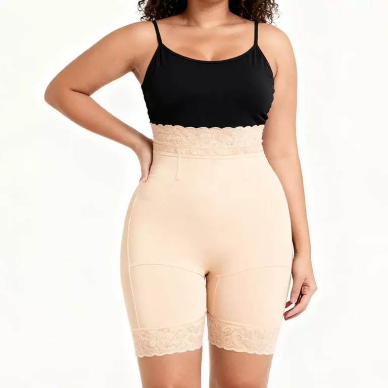 Apricot high-waist lace-trim shaping shorts in Long mid-thigh length, front view; top not included
