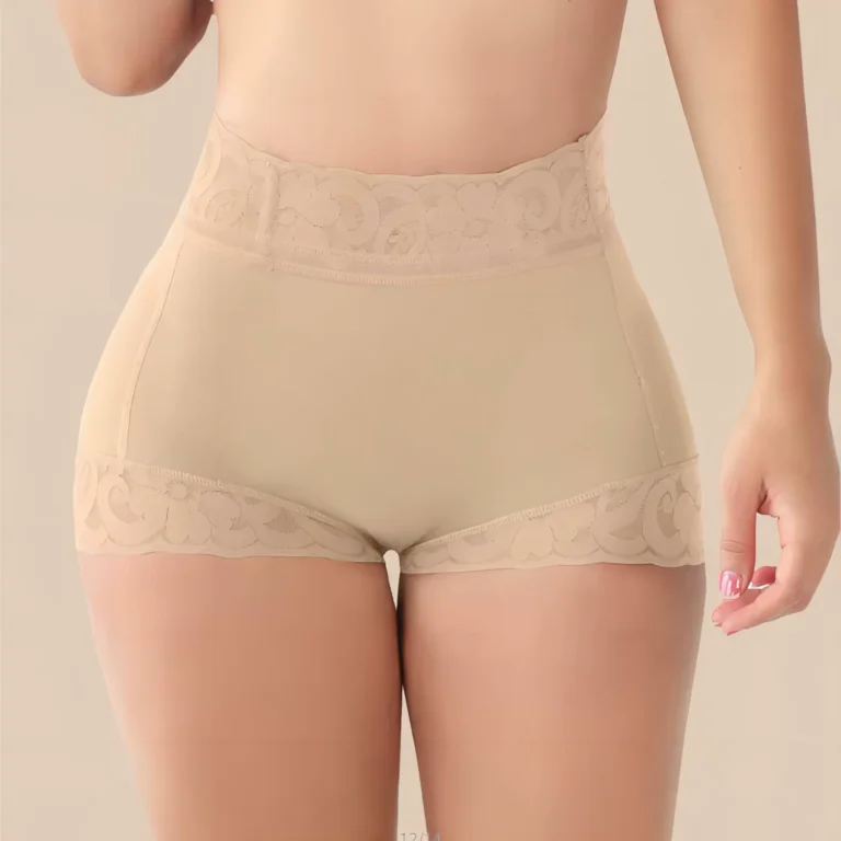 Apricot high-waist lace-trim shaping shorts in Short length, front view; bra not included