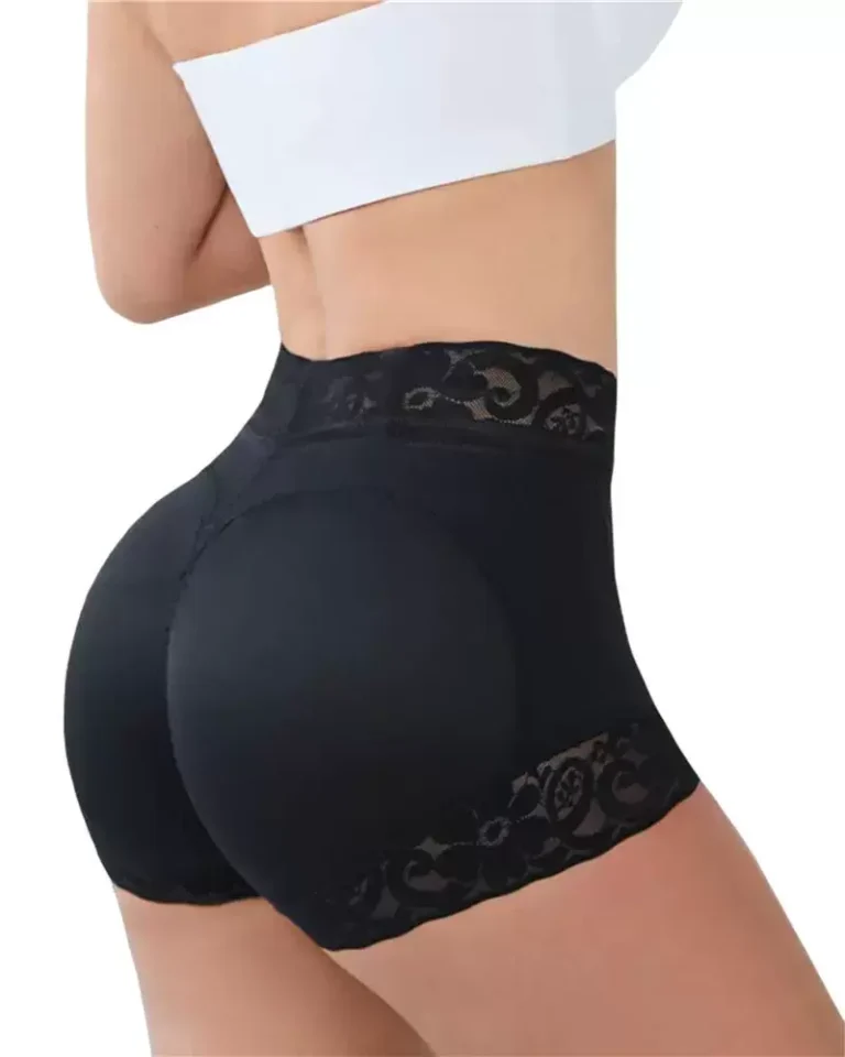 Black high-waist lace-trim shaping shorts in Short length, back view; bra not included