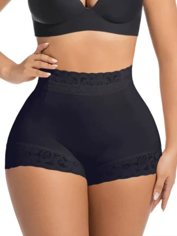 Black high-waist lace-trim shaping shorts in Short length, front view; bra not included