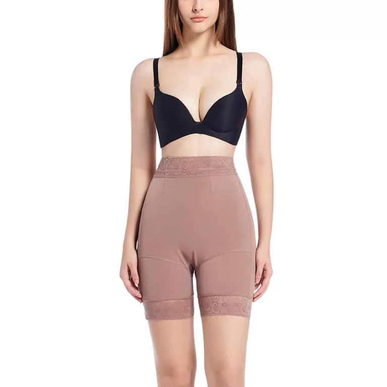 Red-Purple high-waist lace-trim shaping shorts in Long mid-thigh length, front view; bra not included