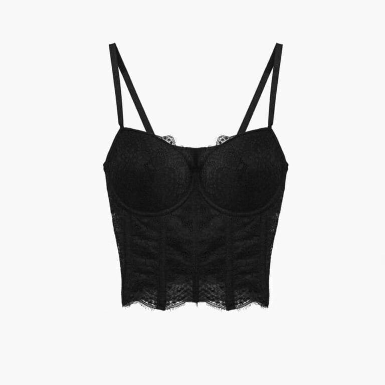 Black floral lace bustier corset top with structured cups front view