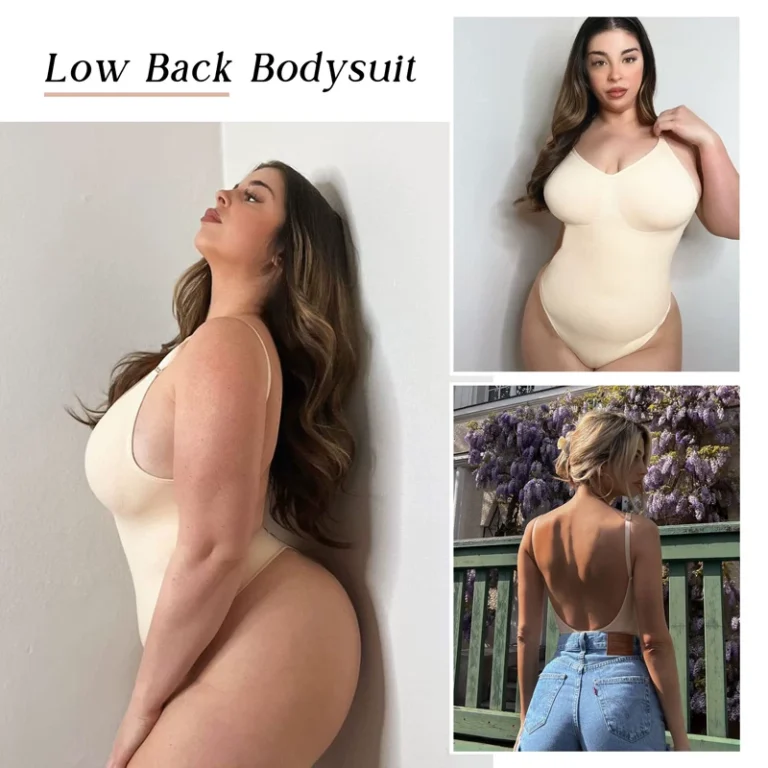 Qinelle low-back shaping bodysuit shown with open-back outfits