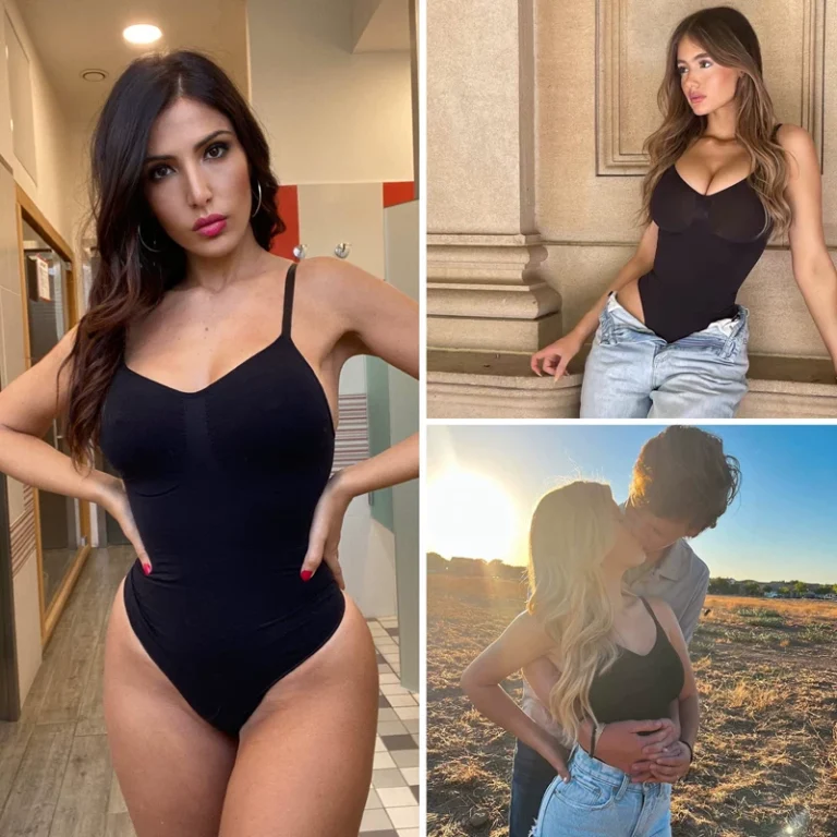 Qinelle low-back thong shaping bodysuit styled with jeans
