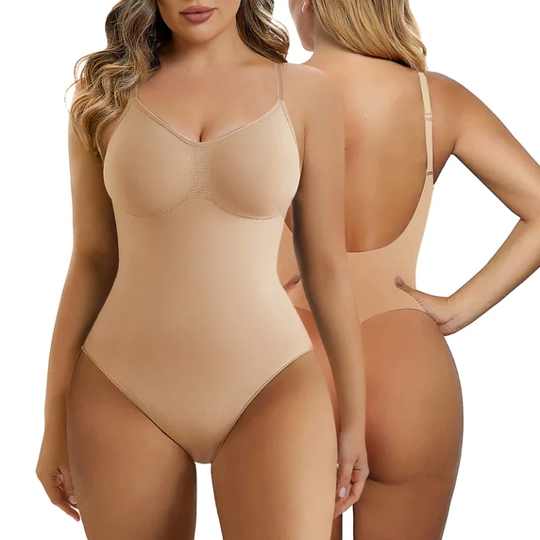 Qinelle low-back thong shaping bodysuit in nude, front and back views