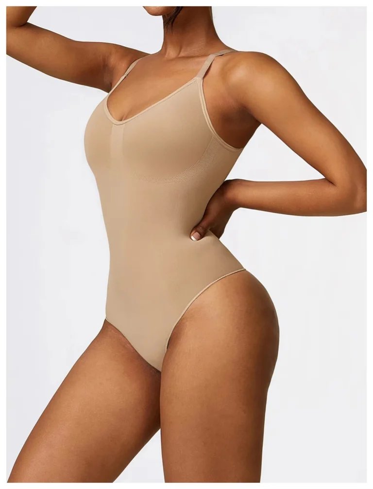 Qinelle low-back thong shaping bodysuit in nude, front view