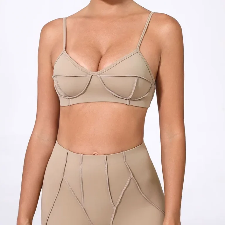 Qinelle sports bra and high-waist leggings set in beige front view